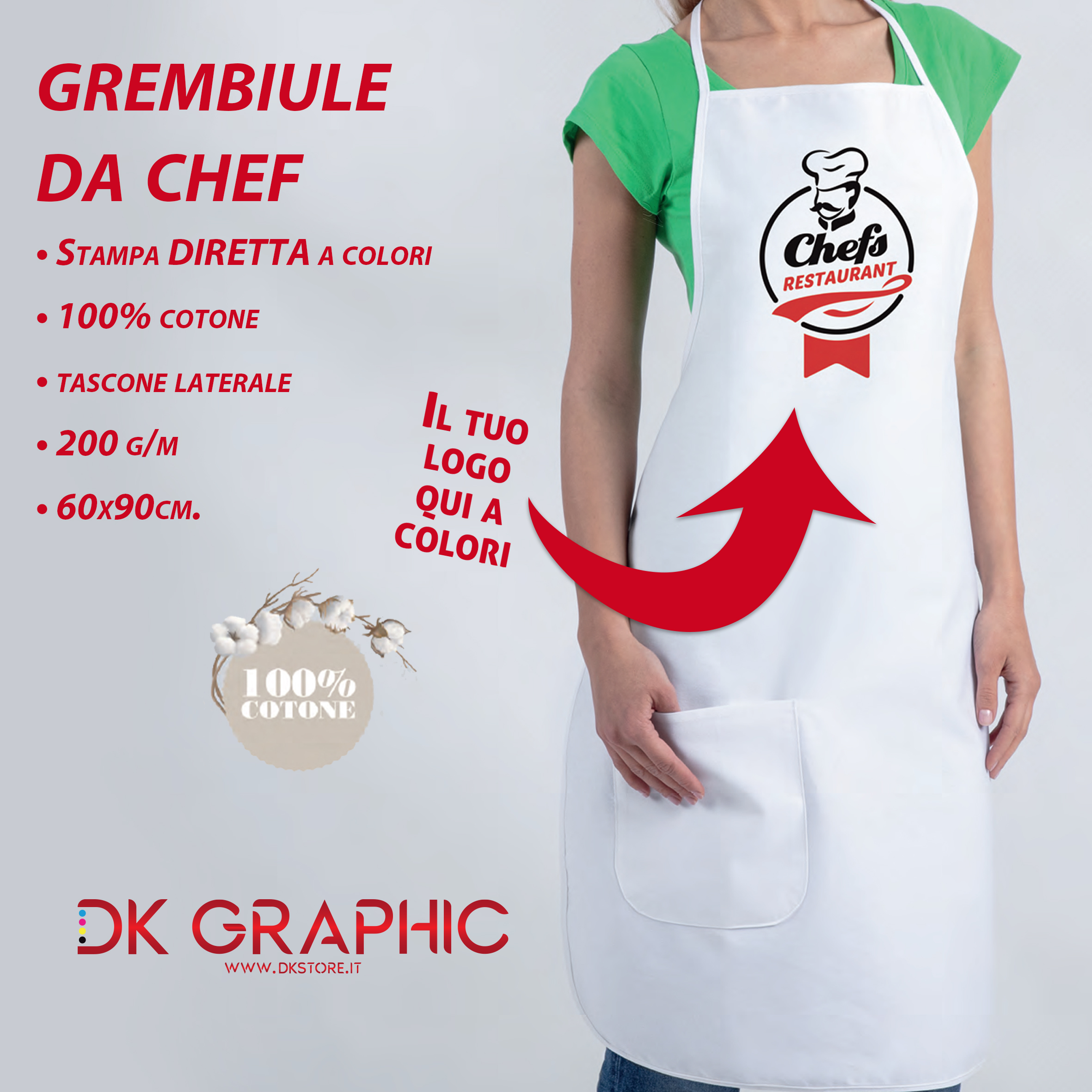 Grembiule da chef in cotone personalizzato con stampa diretta a colori